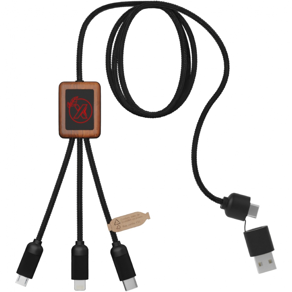 Logo trade advertising product photo of: SCX.design C38 5-in-1 rPET light-up logo charging cable with squared wooden casing