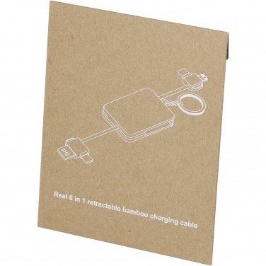 Logo trade advertising products image of: Reel 6-in-1 retractable bamboo key ring charging cable