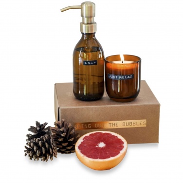 Logotrade promotional gift picture of: Wellmark Discovery 200 ml hand soap dispenser and 150 g scented candle set - bamboo fragrance