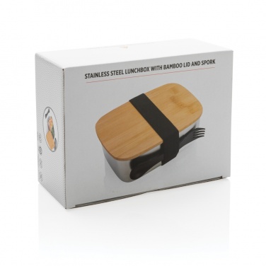 Logo trade business gifts image of: Stainless steel lunchbox with bamboo lid and spork