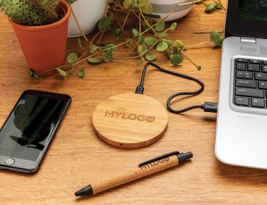 Logo trade promotional giveaways image of: Bamboo 5W round wireless charger