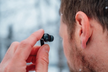 Logotrade promotional product image of: Skywave RCS recycled plastic solar earbuds