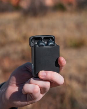 Logo trade business gift photo of: Skywave RCS recycled plastic solar earbuds