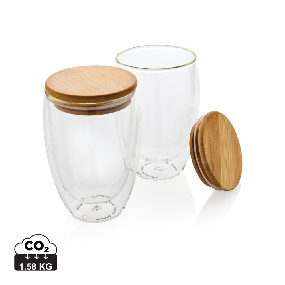 Logo trade advertising products image of: Double wall borosilicate glass with bamboo lid 350ml 2pc set
