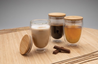 Logo trade promotional merchandise picture of: Double wall borosilicate glass with bamboo lid 350ml 2pc set