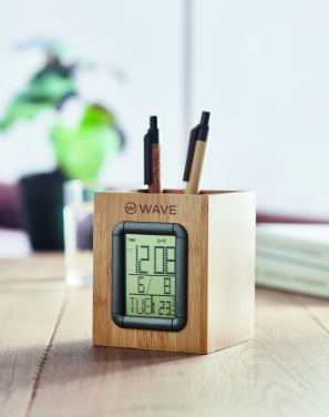 Logo trade promotional products picture of: Bamboo pen holder and LCD clock