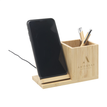 Logo trade corporate gifts image of: Bamboo Boss 15W charger/pen holder