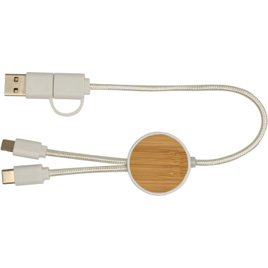 Logo trade promotional merchandise image of: Chechia 5-in-1 recycled plastic 30 cm data sync and 27W fast charge cable with bamboo details