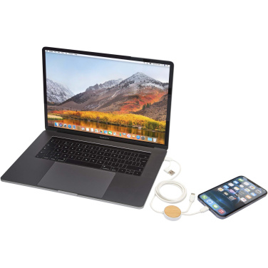 Logo trade business gift photo of: Chechia 5-in-1 recycled plastic 150 cm data sync and 27W fast charge cable with bamboo details