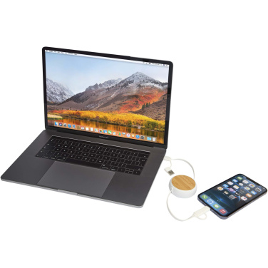 Logo trade liikelahja kuva: Chechia kierrätysmuovinen 100 cm:n ja 45 W:n sisäänvedettävä datasynkronoiva 5-in-1-pikalatauskaapeli bambukoristeilla